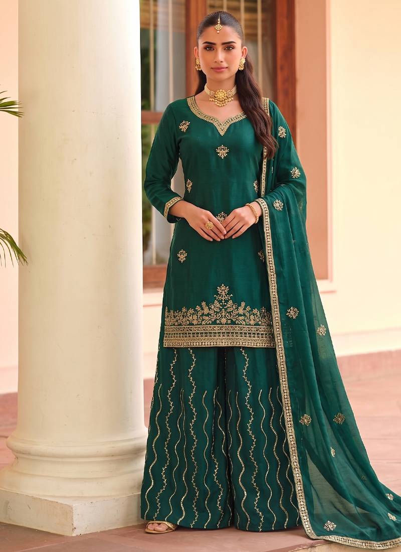 Green ethnic wear ready made chinon suit for women