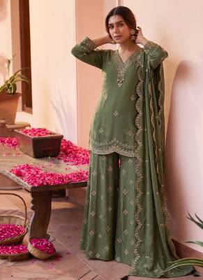 Roman silk pallazo suit for women wedding wear green 1
