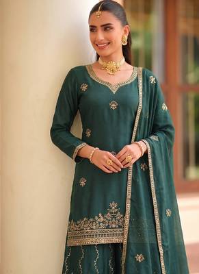 Green ethnic wear ready made chinon suit for women 2