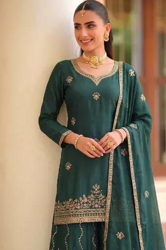Green ethnic wear ready made chinon suit for women