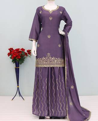 Lilac ethnic wear ready made chinon suit for women 3