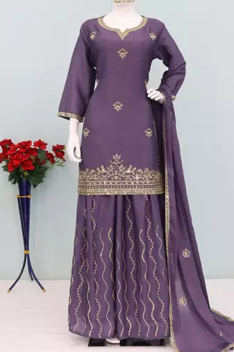 Lilac ethnic wear ready made chinon suit for women