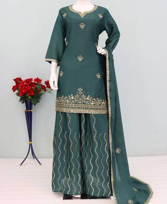 Green ethnic wear ready made chinon suit for women 3