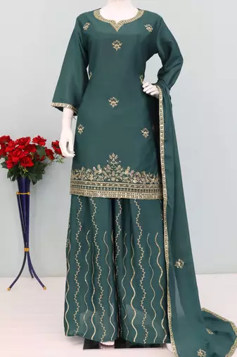 Green ethnic wear ready made chinon suit for women