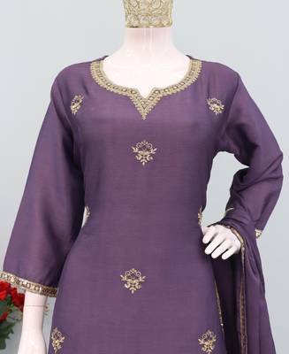 Lilac ethnic wear ready made chinon suit for women 4