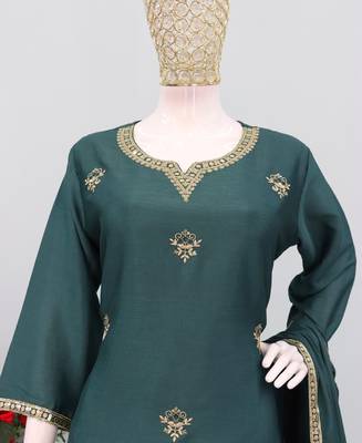 Green ethnic wear ready made chinon suit for women 4