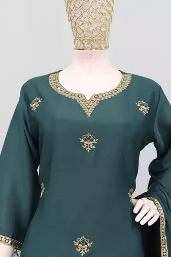 Green ethnic wear ready made chinon suit for women