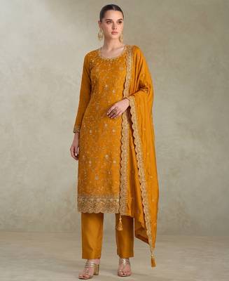 Yellow silk straight suit for women heavy embroidery work 1