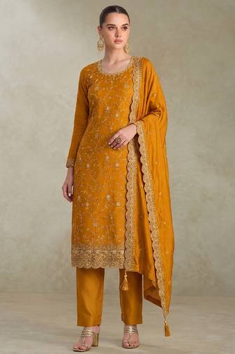 Yellow silk straight suit for women heavy embroidery work