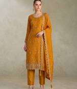 Yellow silk straight suit for women heavy embroidery work