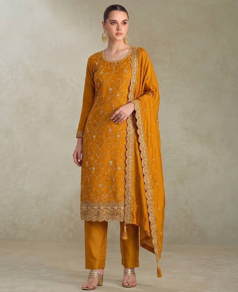 Yellow silk straight suit for women heavy embroidery work