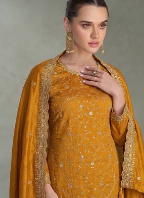 Yellow silk straight suit for women heavy embroidery work 2