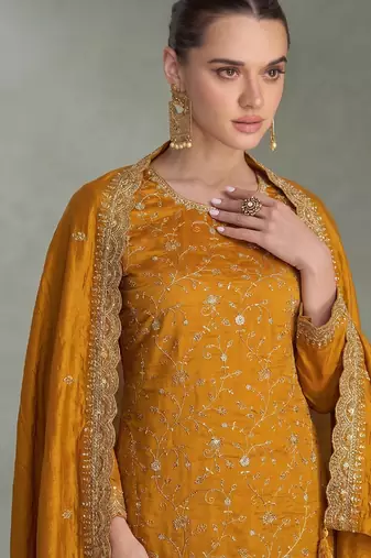 Yellow silk straight suit for women heavy embroidery work