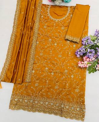 Yellow silk straight suit for women heavy embroidery work 3