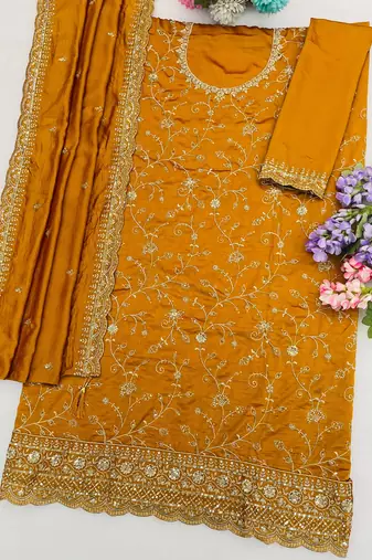 Yellow silk straight suit for women heavy embroidery work