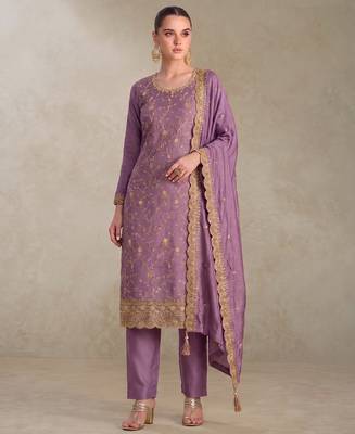 Lilac silk straight suit for women heavy embroidery work 1