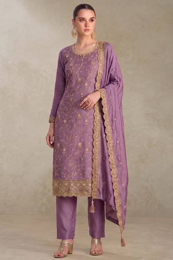 Lilac silk straight suit for women heavy embroidery work