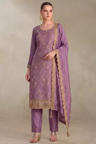 Lilac silk straight suit for women heavy embroidery work