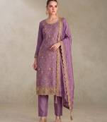 Lilac silk straight suit for women heavy embroidery work