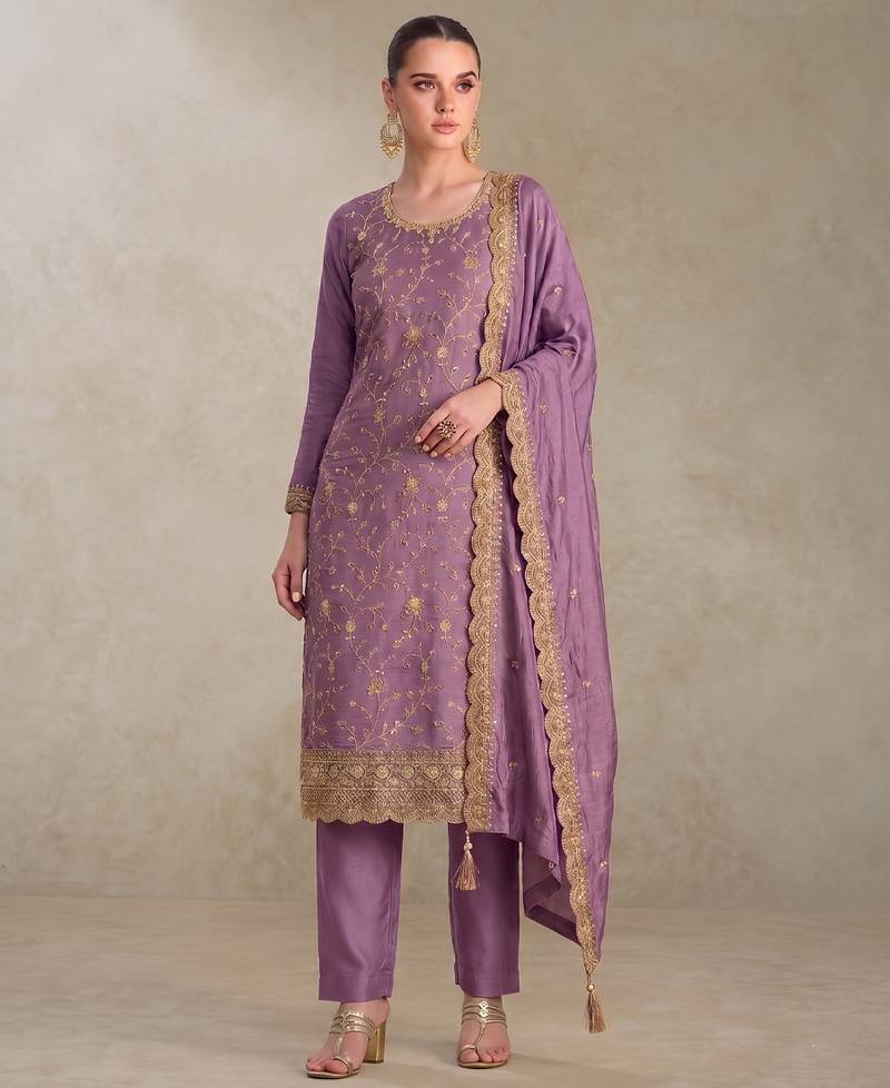 Lilac silk straight suit for women heavy embroidery work