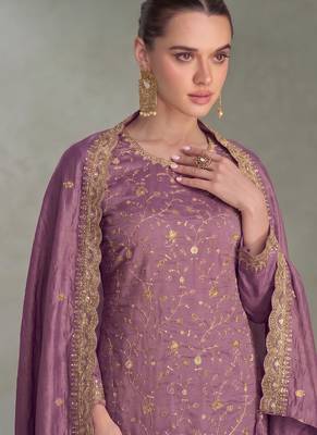 Lilac silk straight suit for women heavy embroidery work 2