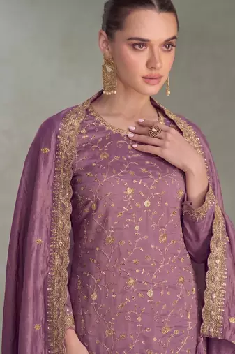 Lilac silk straight suit for women heavy embroidery work