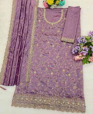 Lilac silk straight suit for women heavy embroidery work 3