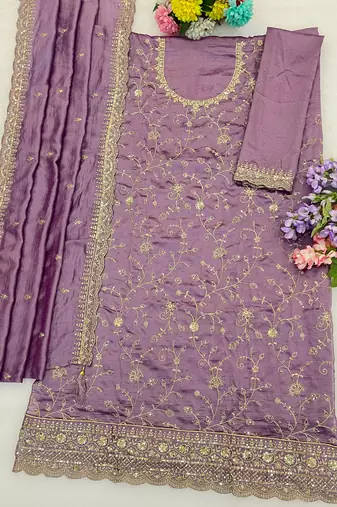 Lilac silk straight suit for women heavy embroidery work