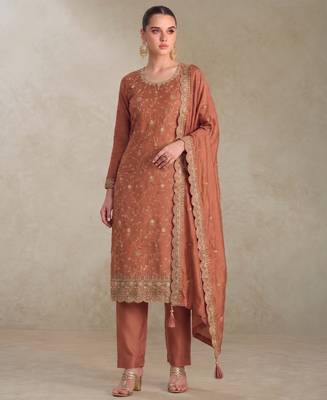 Peach silk straight suit for women heavy embroidery work 1
