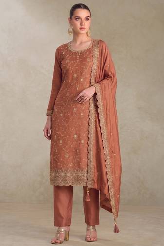 Peach silk straight suit for women heavy embroidery work
