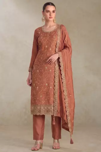 Peach silk straight suit for women heavy embroidery work