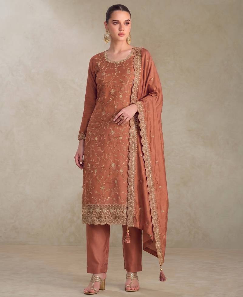 Peach silk straight suit for women heavy embroidery work
