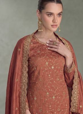 Peach silk straight suit for women heavy embroidery work 2