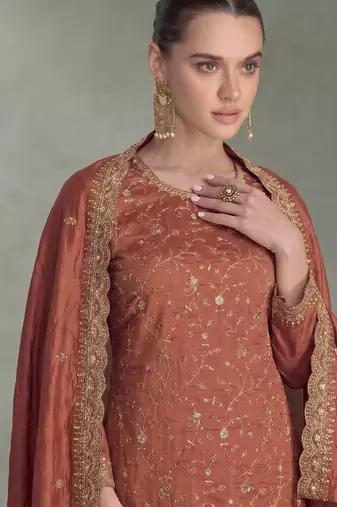 Peach silk straight suit for women heavy embroidery work