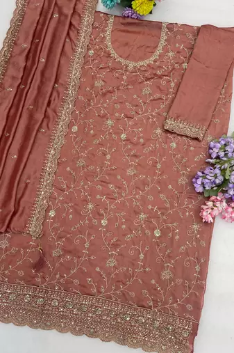 Peach silk straight suit for women heavy embroidery work