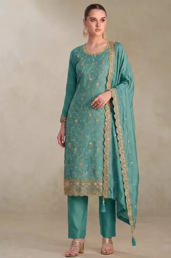 Sky blue silk straight suit for women heavy embroidery work