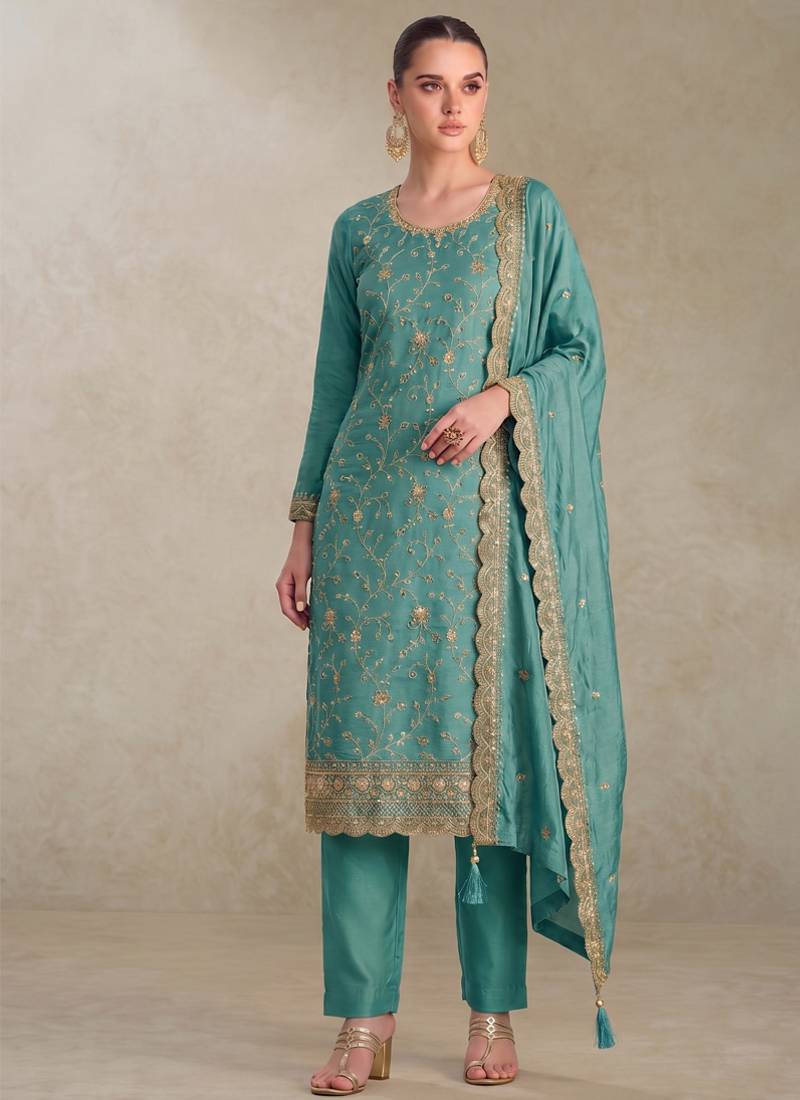 Sky blue silk straight suit for women heavy embroidery work