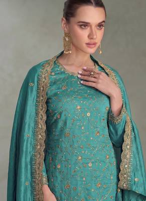Sky blue silk straight suit for women heavy embroidery work 2