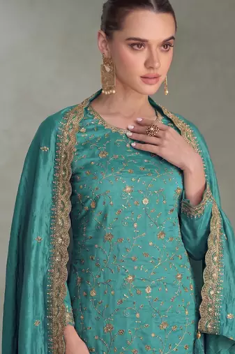 Sky blue silk straight suit for women heavy embroidery work