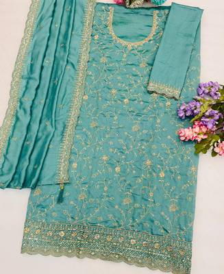 Sky blue silk straight suit for women heavy embroidery work 3