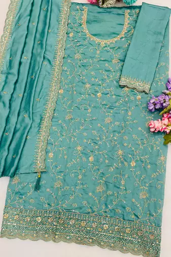 Sky blue silk straight suit for women heavy embroidery work