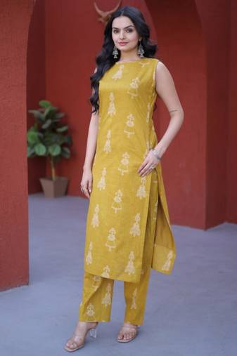 Yellow cotton printed kurta and bottom set