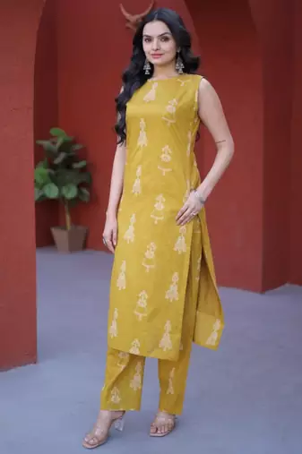 Yellow cotton printed kurta and bottom set