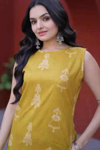 Yellow cotton printed kurta and bottom set