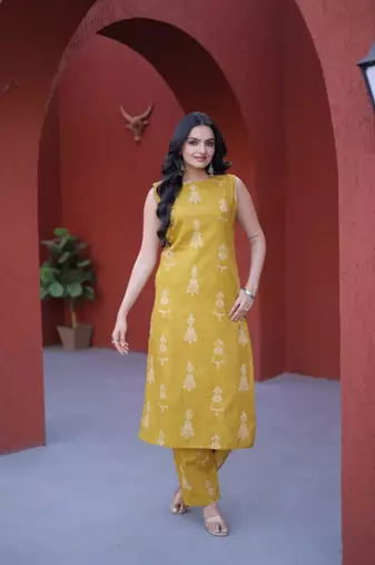 Yellow cotton printed kurta and bottom set