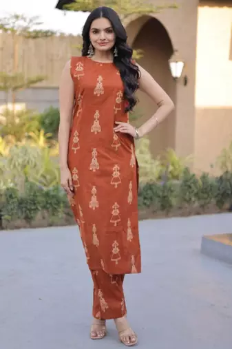 Rust cotton printed kurta and bottom set