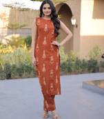 Rust cotton printed kurta and bottom set