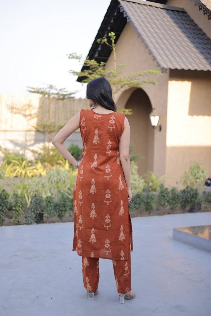 Rust cotton printed kurta and bottom set