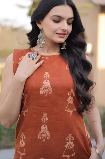 Rust cotton printed kurta and bottom set