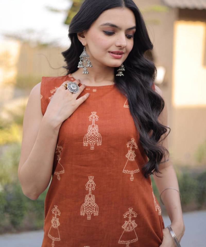 Rust cotton printed kurta and bottom set